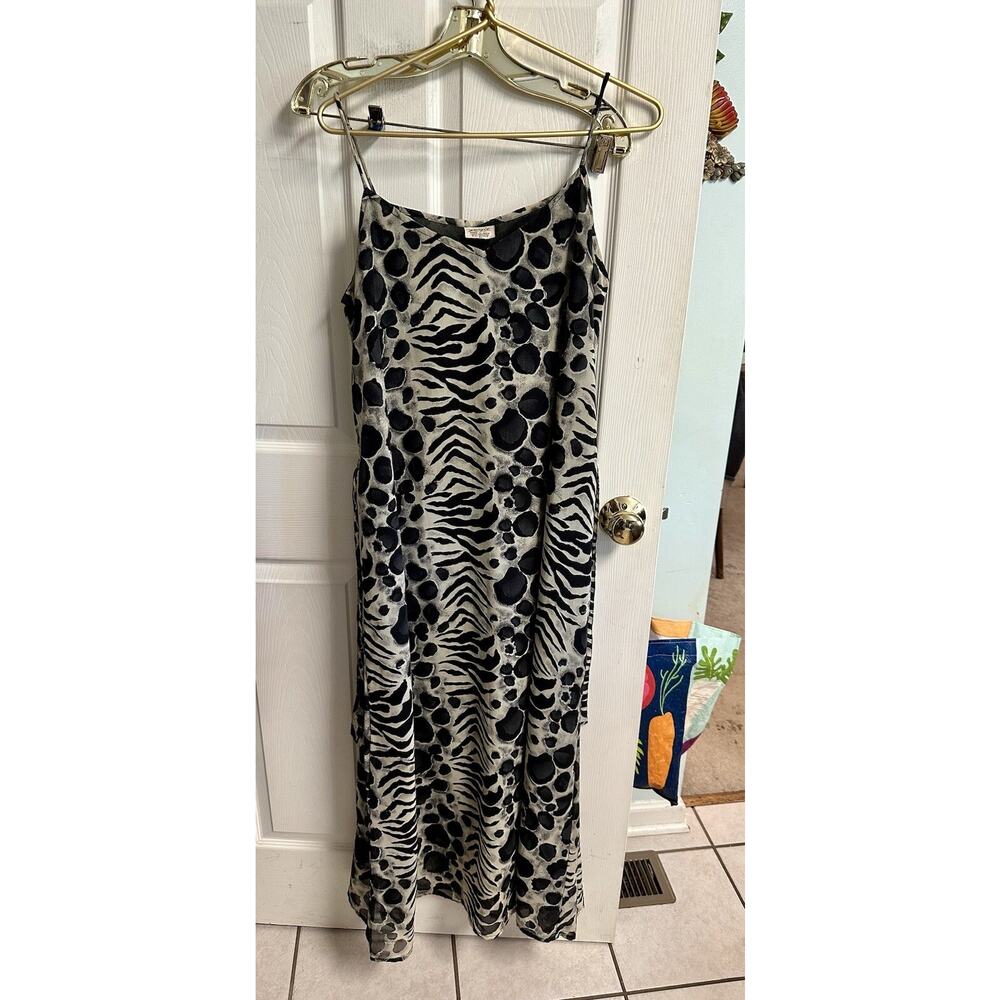 VTG Y2K 90s SILKY RUCHED Spaghetti Strap Dress BLACK White Zebra Med 38 Bust Tie